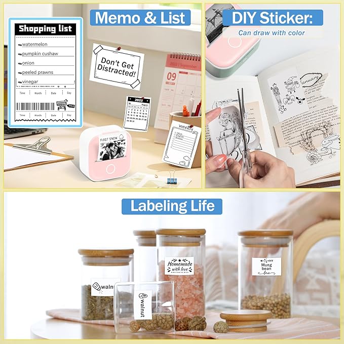 T02 Mini Printer Paper - White Sticker Paper Compatible with T02/M02X/M02L Mini Pocket Printer, Last for 10 Years, Perfect for Journal Photos Study Notes, 50mmx3.5m, 3 Rolls