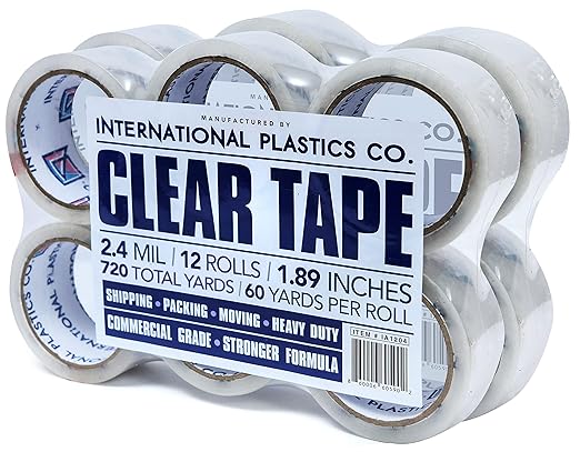 Heavy Duty Packing Tape Refill, 1.88 Inch x 60 Yards, 12 Rolls, 3" Core, Packing, Shipping and Mailing, Strong Seal on All Box Types (12 Pack, Clear)
