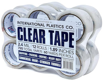 Heavy Duty Packing Tape Refill, 1.88 Inch x 60 Yards, 12 Rolls, 3" Core, Packing, Shipping and Mailing, Strong Seal on All Box Types (12 Pack, Clear)