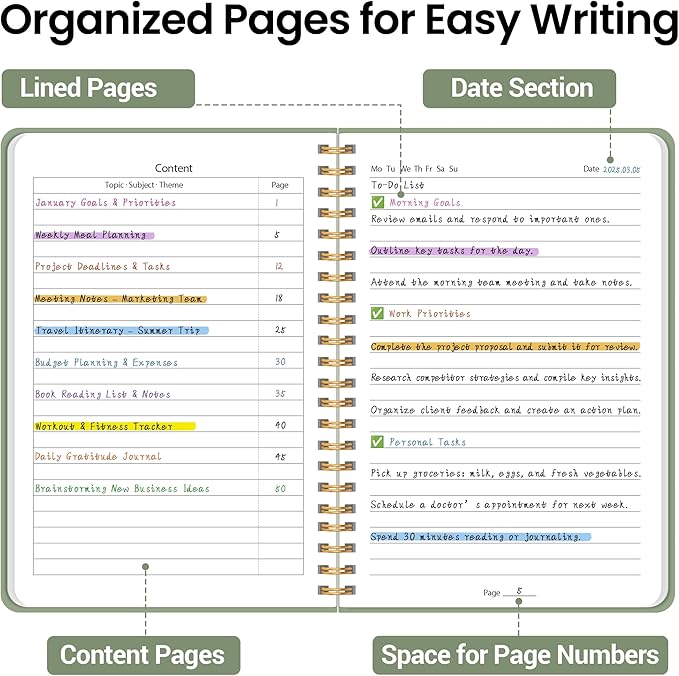 Lined Spiral Journal Notebook, A5 College Ruled Notebook for Journaling, Note-Taking, and Daily Planning, Durable Hardcover with an Elegant Design, Green