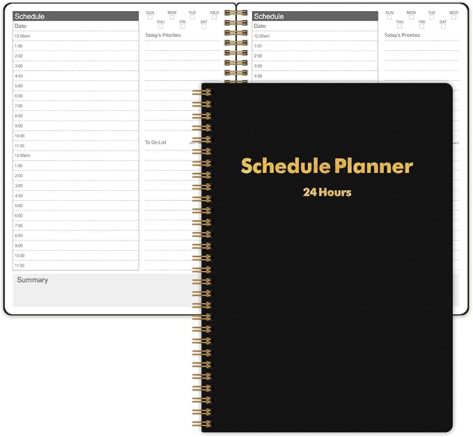 24 Hour Schedule Daily Planner - Undated To Do List Notebook with Hourly Schedule, 7" x 10", Spiral Organize Your Tasks and Appointments for Work, School, and Home - Black