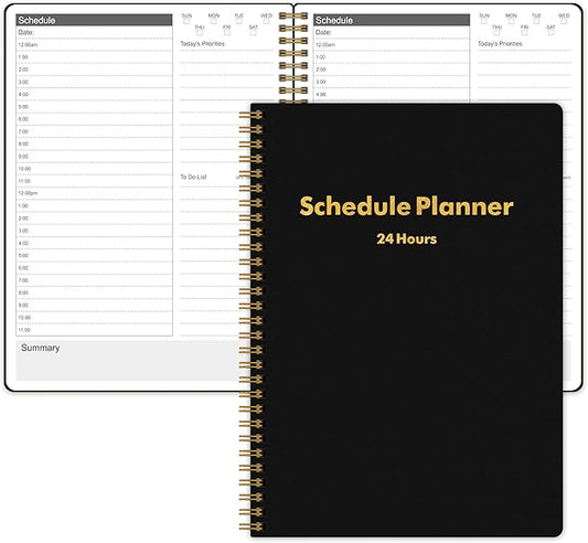 24 Hour Schedule Daily Planner - Undated To Do List Notebook with Hourly Schedule, 7" x 10", Spiral Organize Your Tasks and Appointments for Work, School, and Home - Black