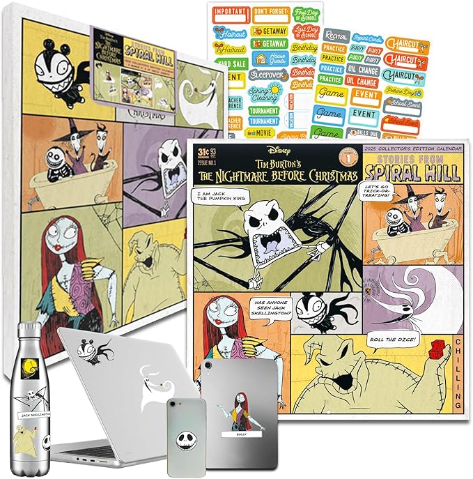 Disney Nightmare Before Christmas Calendar 2025 - Deluxe 2025 Jack Skellington Collector's Edition Wall Calendar Bundle with Decals & Over 100 Calendar Reminder Stickers (NBC Gifts, Office Supplies)