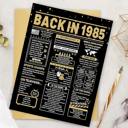 40th Birthday Card, 40th Birthday Gifts Women Men, 40th Birthday Decorations for Him Her, Back in 1985 Birthday Card, Black Gold