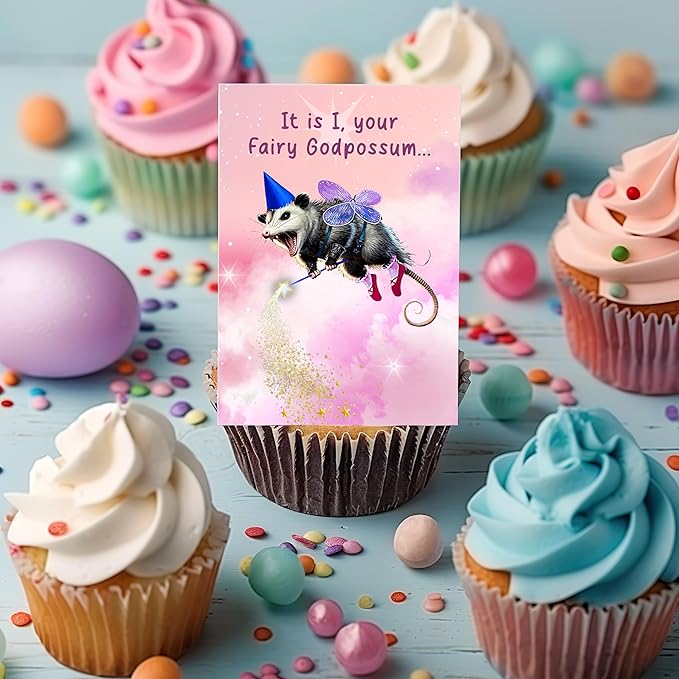 Fairy God Possum Happy Birthday Greeting Card - Funny Godparent Birthday Gift Idea for Men Women Him Her - Hilarious Feral Animal Godpossum Bday Present for Best Friend Bestie Coworker or Sister