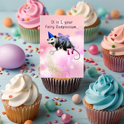 Fairy God Possum Happy Birthday Greeting Card - Funny Godparent Birthday Gift Idea for Men Women Him Her - Hilarious Feral Animal Godpossum Bday Present for Best Friend Bestie Coworker or Sister
