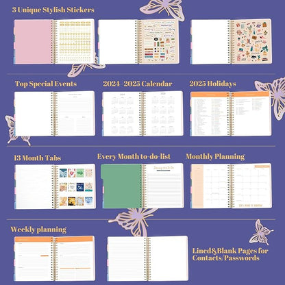 2025 Hardcover Planner Weekly and Monthly, Dec 2024–Dec 2025, Large Spiral Bound Planners 2025 for Women Gifts, 8.3" x 9.3",13 Month Calendar with 13 Tabs, 3 Sticker Sheets, Purple