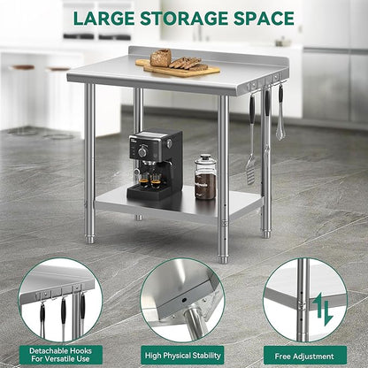 YITAHOME 36" x 24" Stainless Steel Table for Prep & Work with Backsplash, NSF Metal Table Prep Table with Undershelf for Home Kitchen Restaurant Garage Warehouse
