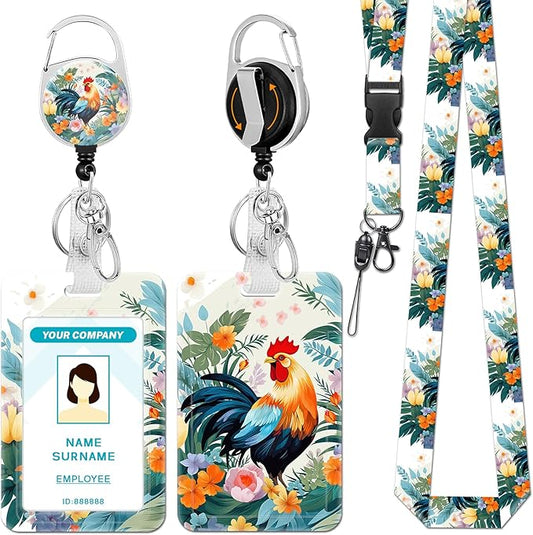 Lanyards for Id Badges, Chicken Floral Badge Holder with Retractable Reel Clip, Cute Work Name Tags Keychain Lanyard ID Card Protector Cover Case for Women Teacher Nurse Doctor Office