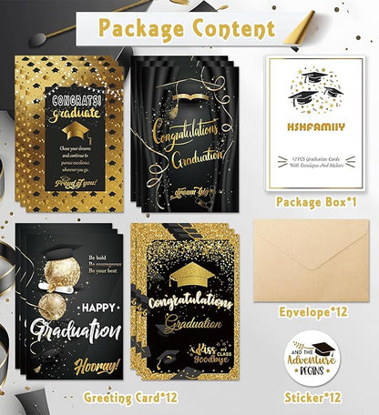 Graduation Cards, Graduation Gifts for Her Him, Black and Gold, Congratulations Grad with Envelope Sticker - Blank Inside