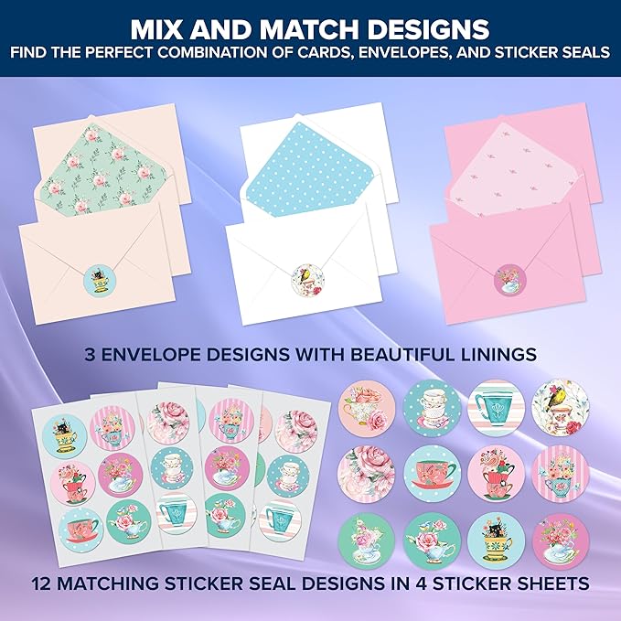 Decorably 24 Pack 4x6in Tea Cup Note Cards with Envelopes and Stickers, 12 Adorable Designs Teacup Note Cards, Blank Inside - Kid's Party, Birthday