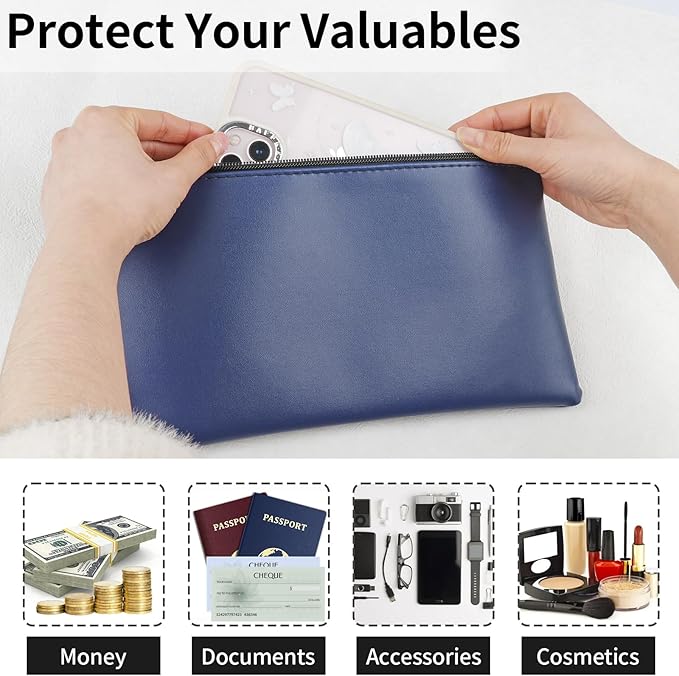 4 Pack Money Bags with Zipper, 11x6.1 Inch PU Leather Cash Pouch, Secure Bank Bag for Coins, Bills, Checks, Invoices, Cosmetics, Tools (Blue)