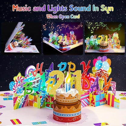 Gumry 21ST Birthday Greeting Card, Musical Pop-Up with Blowable LED Candle, Colorful Happy Birthday Decorations, Large Greeting Card for Son, Daughter, Boys, Girls