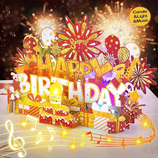 Birthday Card | Musical Pop Up Greeting Card w Light | Blow Out LED Light Candle & Play Happy Birthday Music Pop Up Card | Greeting Cards Gifts for Him or Her | Red Gold (Blowable Candle)