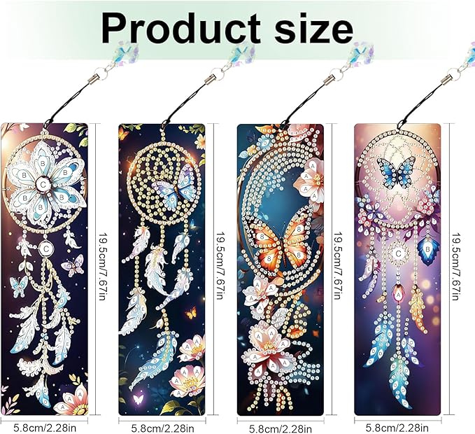 4 Pieces Diamond Painting Bookmarks for Adults 5D Rhinestone Art Bookmarks Dreamcatcher Art Beautiful Butterfly Bookmarks DIY Diamond Painting Bookmarks with Tassels Crafts Supplies