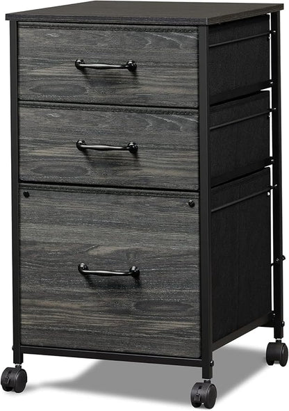 DEVAISE Mobile File Cabinet, Rolling Printer Stand with 3 Drawers, Fabric Vertical Filing Cabinet fits A4 or Letter Size for Home Office, Charcoal Black Wood Grain Print
