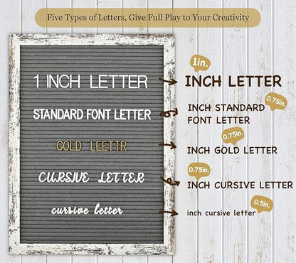 Felt Letter Board 12x16 Inch Rustic Wood Frame - Pre Cut & Sorted 725 Letters with Stand, Cursive Style Letters, Big Letters, Plastic Organizer, Shabby Chic Vintage Decor