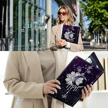 PU Leather Padfolio Clipboard Notepad with Pen Loop and Elastic Strap Interview/Resume Document Organizer for Business School Office,Moon Star Galaxy Florals