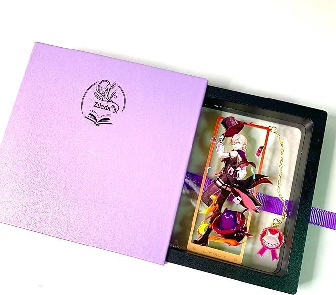 Genshin Impact Lyney Metal Bookmark - Anime Figure Merch with 3D Display Box - Birthday Gifts for Fans Friends Gamer Book Lovers - Zllada