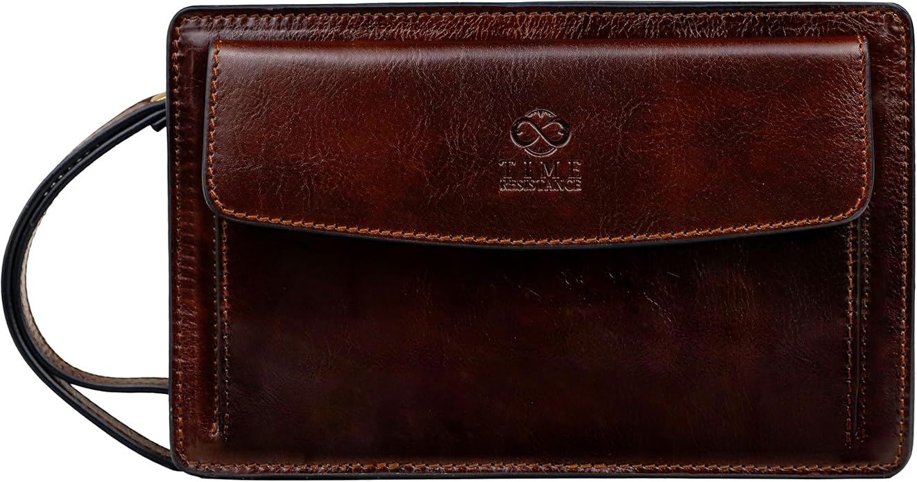 Time Resistance Leather Clutch for Men Organizer Wrist Bag Briefcase Handmade in Italy Gift Box Included