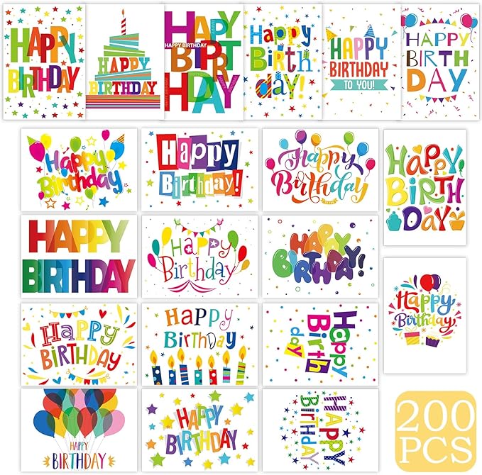 200 Set Unique Happy Birthday Card Bulk with Envelope and Sticker Blank Greeting Card Large 5 x 7 Inch Suitable for Office Kids Women Men, 20 Styles(Colorful Words)