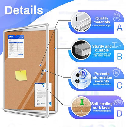 Magula 24"x18" Enclosed Cork Bulletin Board Tamper-Proof Dispaly Case, Aluminium Frame, Shatter Resistant Lockable Bulletin Board, Enclosed Cork Board for School, Office, Commercial, Hospital etc
