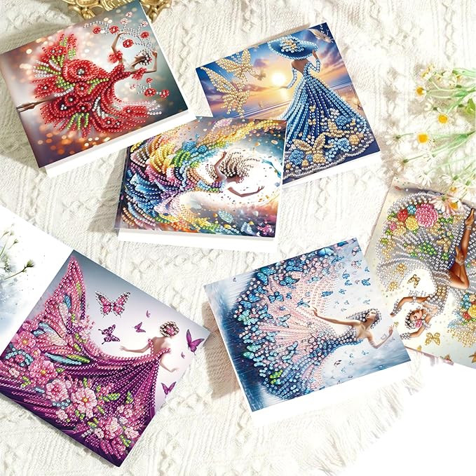 6 Pcs 5D Diamond Painting Greeting Cards Kits, Handmade Festival Greeting Cards with Envelopes DIY Diamond Art Crafts Birthday Cards Holographic Laser Effect for Birthdays Holidays (Beautiful Woman)
