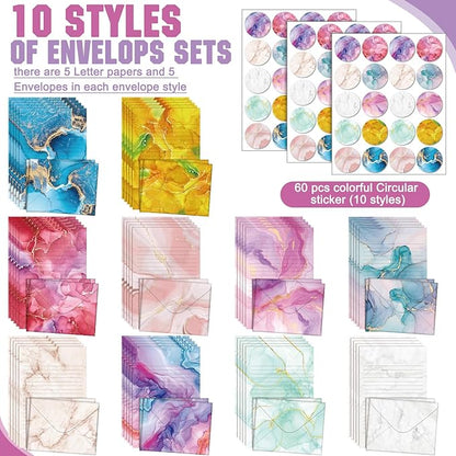 TaoBary 160 Packs Stationery Paper Set (50 Double Sided Stationery Writing Papers 50 Matching Envelopes) 60 Round Dot Sticker, 10 Design(Marble,5.5 x 8.25 Inch)