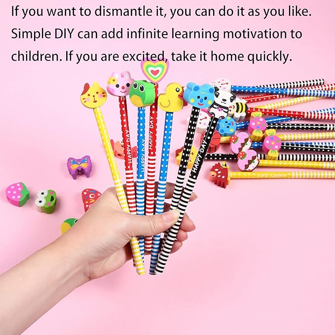 28PCS Pencils with Fruit Animal Top Eraser for Kids,Pencils with Assorted Cartoon Color Stripe Erasers Topper for Kids School Supplies and Children Prize Gifts (28)
