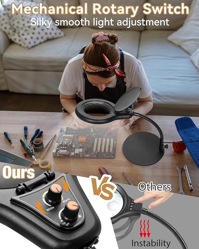10X Magnifying Glass with Light and Stand, Flexible Gooseneck LED Lighted Desk Lamp with Dust Cover, Modes Stepless Dimming, Hands Free Magnifier for Craft Painting Hobby Reading