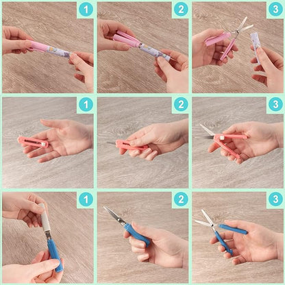 JubileeYarn Portable Travel Safety Scissors, Pen & Push Folding Style - Garden Kitty Pen, Pink Pen, Pink Push