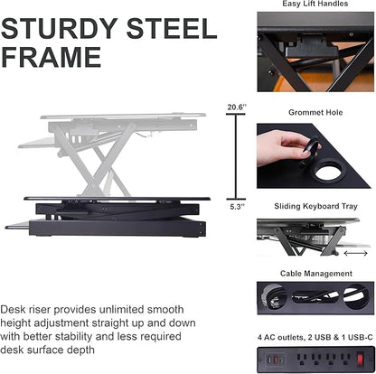 Rocelco 40" Height Adjustable Standing Desk Converter with AC Outlet USB Charger and Anti-Fatigue Floor Mat - Sit Stand Up Tabletop Riser - Sliding Keyboard Tray - Black (R DADRB-40-ACUSB-MAFM)