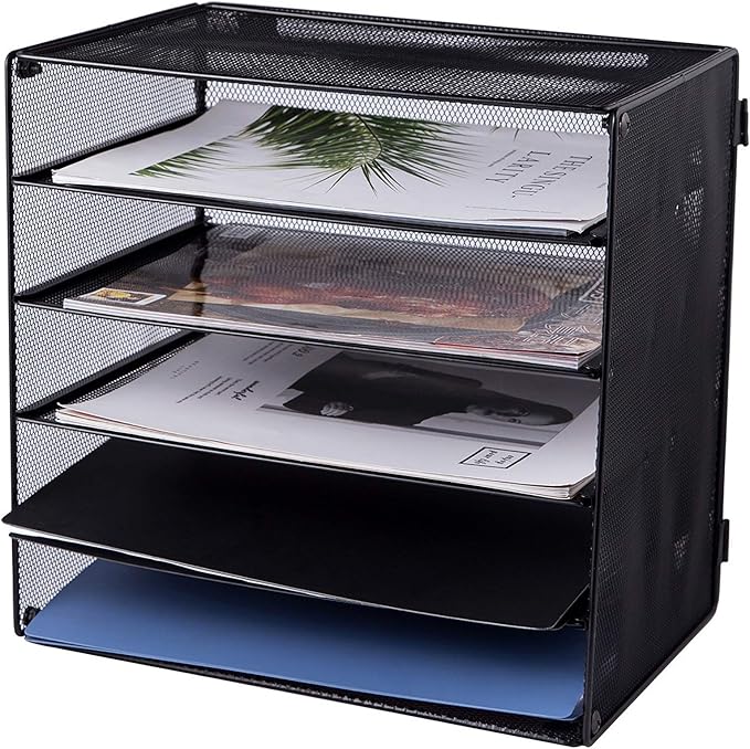 EASEPRES 5 Slot Mesh Desk Organizer Tray, File Paper Letter Folder Holder Desktop Paper Sorter Mail Organization Rack Storage Accessories, for Office Home School Classroom, Black, 2 Pack