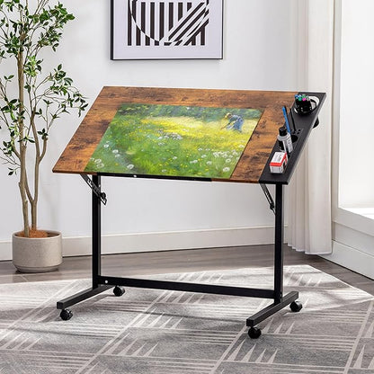 VECELO Vintage Drawing Drafting Table, Adjustable Tilting Top Art Desk Craft Work Station with Pencil Ledge Lockable Slide Rolling Wheels for Painting Diamond Reading Writing Study, Rustic Brown