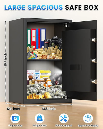 2.8 Cuft Home Safe Box with Fireproof Waterproof Bag, Large Security Digital Document Safes with LCD Keypad Keys, Anti-Theft Alert, Hidden Code Mode, Personal Combination Money Safe For Jewelry Office