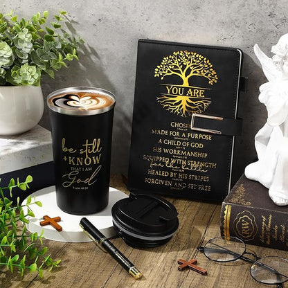 Pickmesh 3 Pcs Christian Gift for Men Man of God Gift Bible Verse A5 Leather Journal with Ballpoint Pen 17 oz Stainless Steel Tumbler Easter Gift Baskets for Father's Day Pastor Birthday Church(Black)