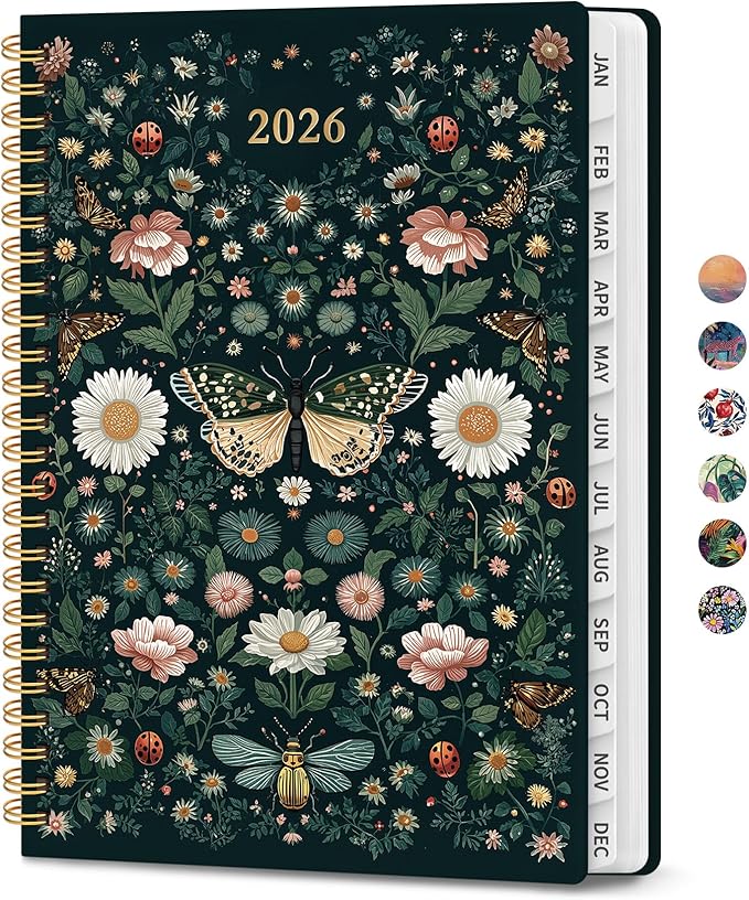 2026 Planner, Aesthetic Weekly and Monthly Planner for Women, Jan 2026 to Dec 2026, Hardcover 2026 Calendar Book with Monthly Tabs, Inner Pocket, Perfect for Office Home School - A5 (6.3" x 8.5"), Insects in Blooms