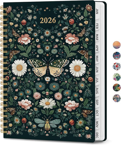 2026 Planner, Aesthetic Weekly and Monthly Planner for Women, Jan 2026 to Dec 2026, Hardcover 2026 Calendar Book with Monthly Tabs, Inner Pocket, Perfect for Office Home School - A5 (6.3" x 8.5"), Insects in Blooms