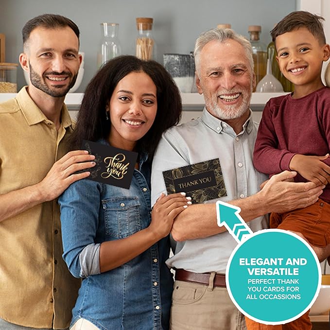 Decorably 24 Pack Gold-Foiled 6x4in Black and Gold Thank You Cards with Envelopes & Stickers, 6 Elegant Designs Black Thank You Cards, Blank Inside - Birthday, Wedding, Anniversary