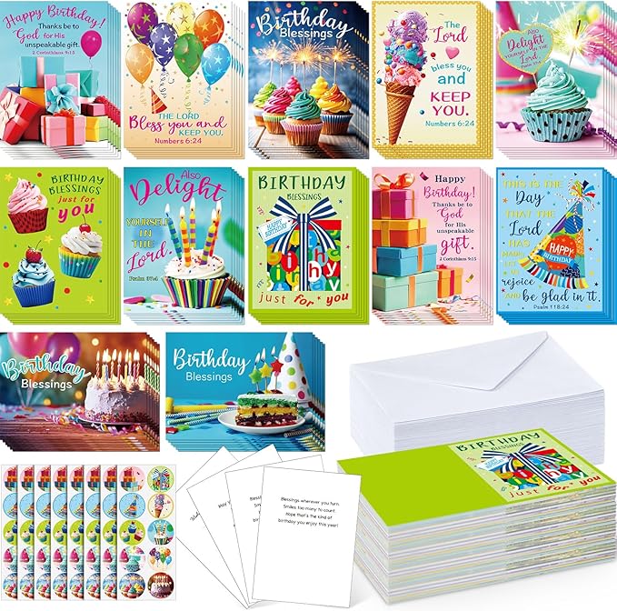 120 Pack Religious Christian Birthday Cards Bulk with Scripture Bible Verse 4.5 x 6.2 Inch Assorted Christian Blessings Greeting Cards for Birthday with Envelopes and Stickers (Bright Style)