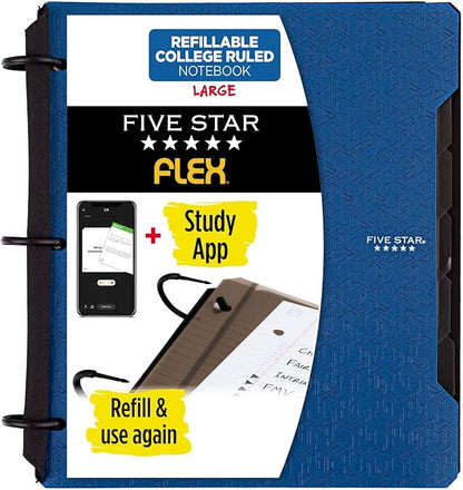Five Star Flex Refillable Notebook + Study App, College Ruled Paper, 1 Inch TechLock Rings, Pockets, Tabs and Dividers, 200 Sheet Capacity, Pacific Blue (29328AD2)