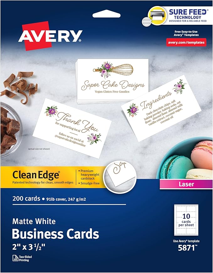Avery Clean Edge Printable Business Cards with Sure Feed Technology, 2" x 3.5", White, 200 Blank Cards for Laser Printers (5871)
