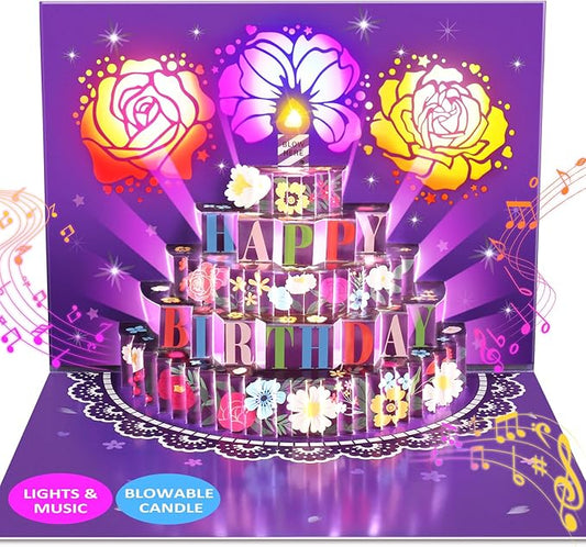 Birthday Cards Birthday Gifts for Women Flowers Fireworks Pop Up Cake Light and Music Happy Birthday Card