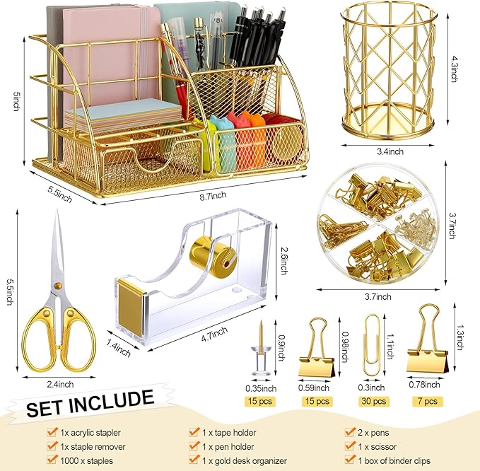 Desk Accessories Office Supplies Set, Christian Charity Donation Supplies Acrylic Stapler Set Staple Remover Tape Dispenser Desk Organizer Pen Holder Binder Paper Clips Ballpoint Scissor(Gold)