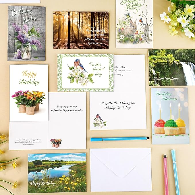 Zhanmai 80 Pack 4 x 6 Inch Religious Christian Birthday Cards Bulk with Scripture Assorted Bible Verse Designs Christian Blessings Birthday Cards with Envelopes (Scenic Style)