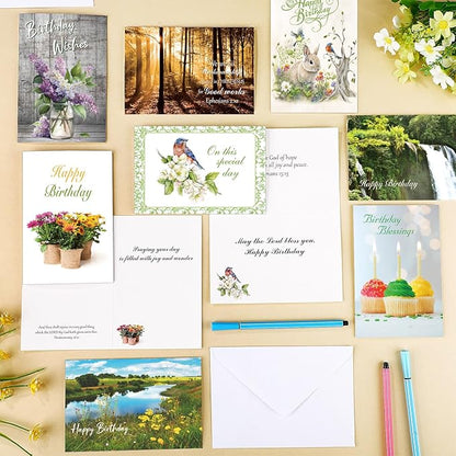 Zhanmai 80 Pack 4 x 6 Inch Religious Christian Birthday Cards Bulk with Scripture Assorted Bible Verse Designs Christian Blessings Birthday Cards with Envelopes (Scenic Style)