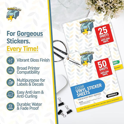 Clear Printable Vinyl for Inkjet Printer - For Epson - (Clear Sticker Paper | Waterproof | 50 Sheets) - Transparent Inkjet Printable Vinyl Sticker Paper Avoid Jams for Printers
