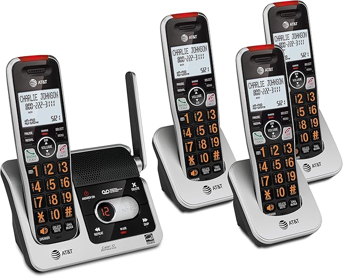 AT&T BL102-4 DECT 6.0 4-Handset Cordless Phone for Home with Answering Machine, Call Blocking, Caller ID Announcer, Audio Assist, Intercom, and Unsurpassed Range, Silver/Black