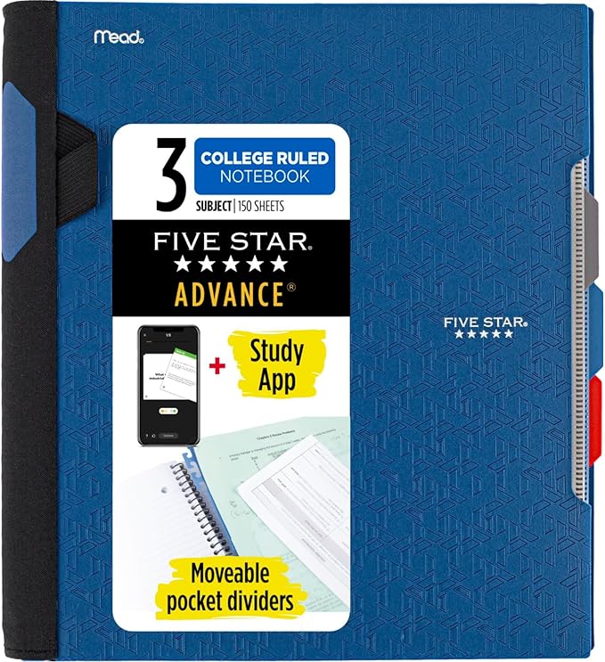 Five Star Advance Spiral Notebook + Study App, 3 Subject, College Ruled Paper, 8-1/2" x 11", 150 Sheets, Spiral Guard, Movable Tabbed Dividers and Pockets, Blue (73138)