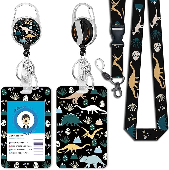 Cute Dinosaur Lanyards for Id Badges, Retractable ID Badge Holder with Detachable Lanyard, Fashionable Badge Reel Heavy Duty with 360 Degrees Rotate Carabiner Clip, Nurse Teacher Office Gifts